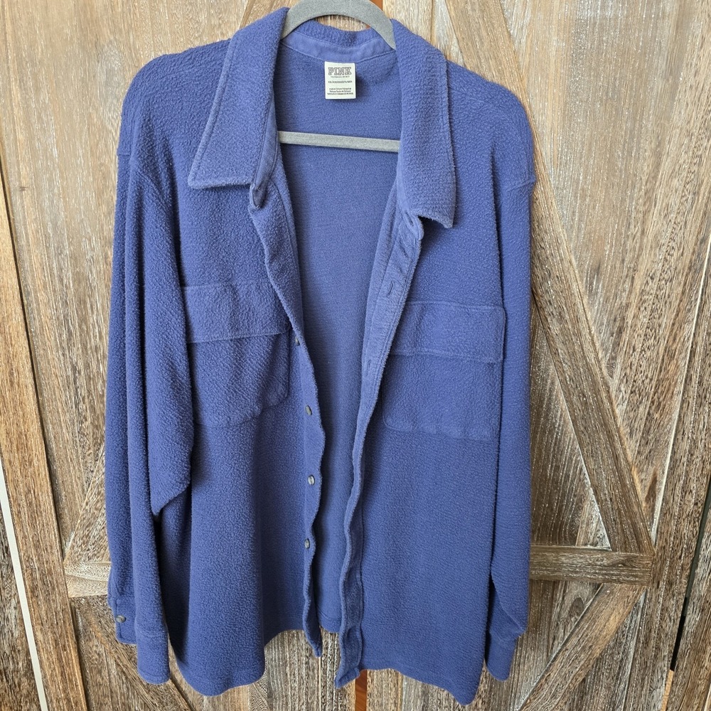Victoria's Secret Pink Shirt Women's Size XXL Navy Blue Shacket Fleece Button Up
